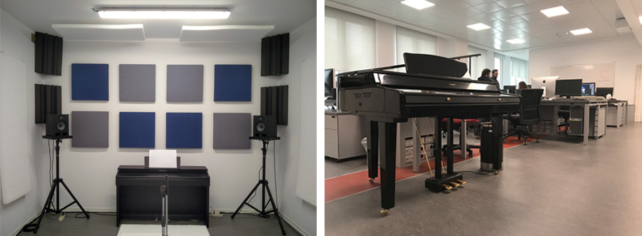 music equipment in a white room, soundproofing pads on walls